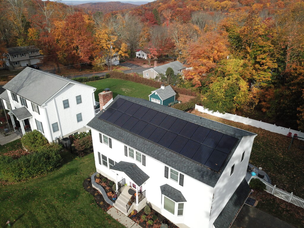 A lovely home with solar panels take in autumn